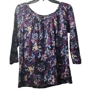 Talbots Floral Print Top 3/4 Sleeve‎ Scoop Neck Blouse Purple Blue L